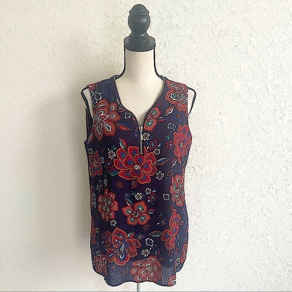 T TAHARI Women’s Navy Res Sleeveless Floral Top Zipper Neck Size Small Business